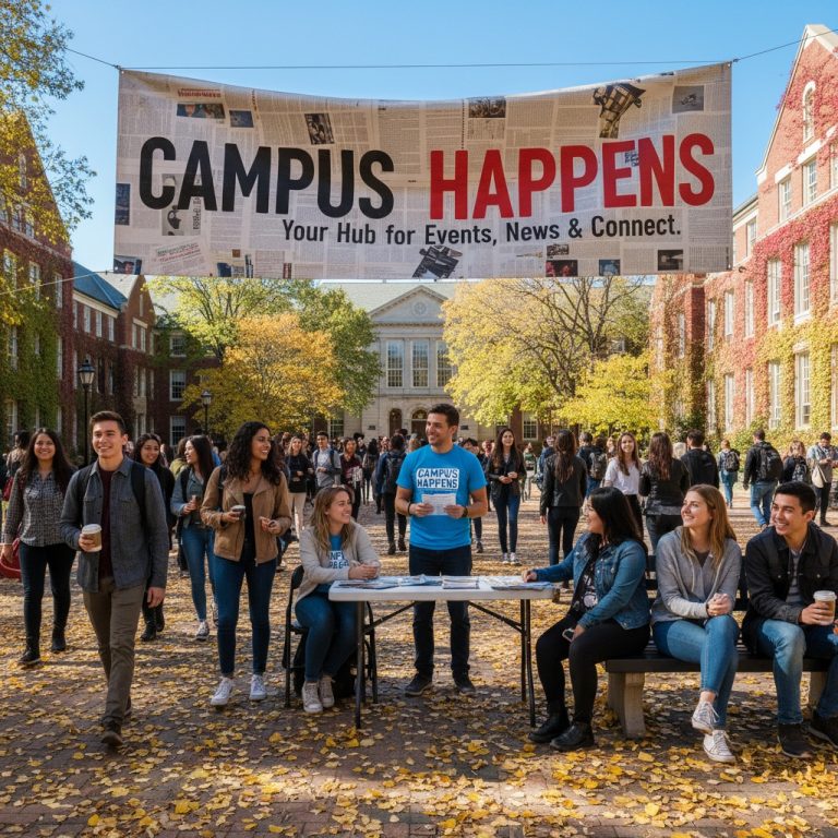 Students gather on a brick campus courtyard beneath a large banner that reads "Campus Happens" while others walk by on a sunny autumn day.