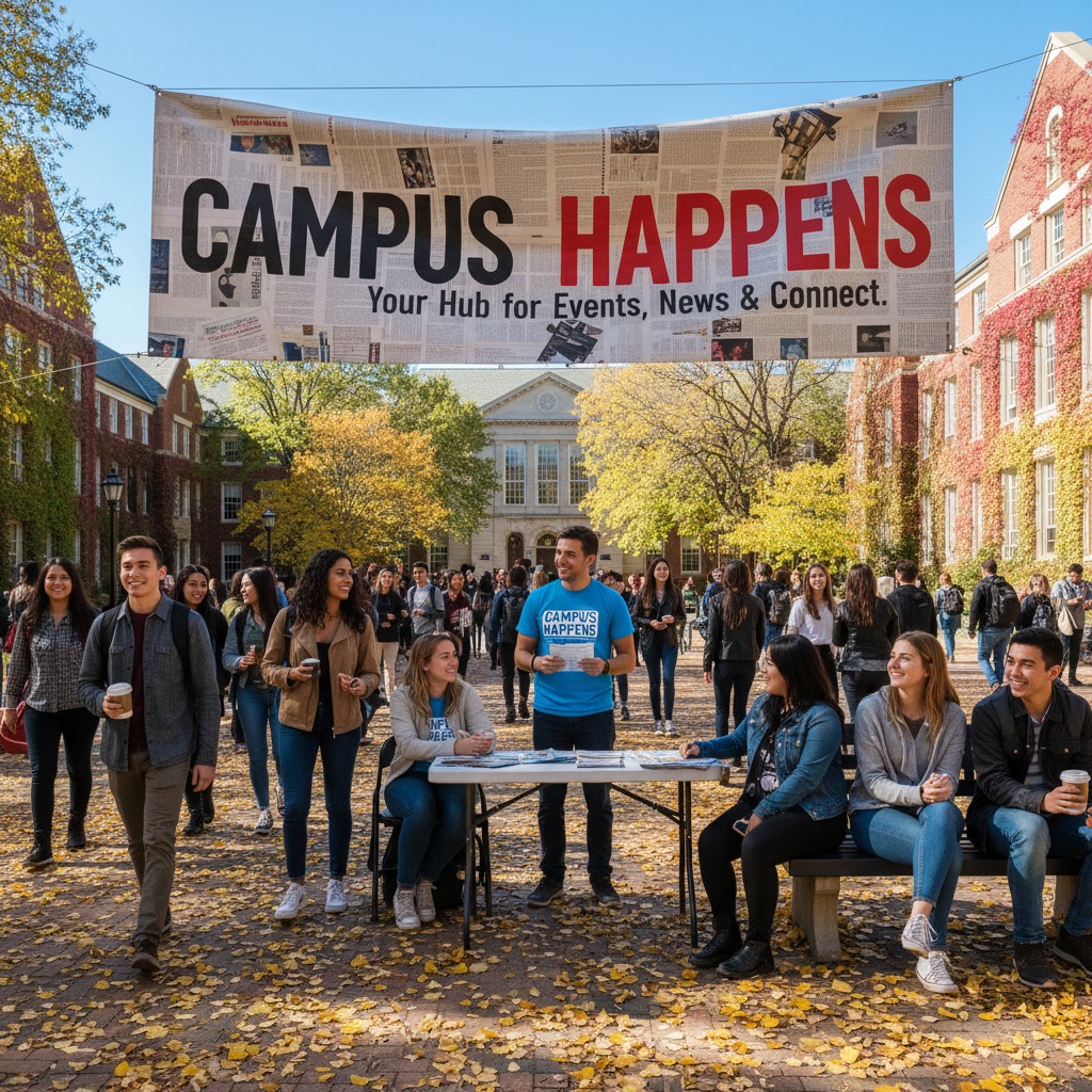 Students gather on a brick campus courtyard beneath a large banner that reads "Campus Happens" while others walk by on a sunny autumn day.